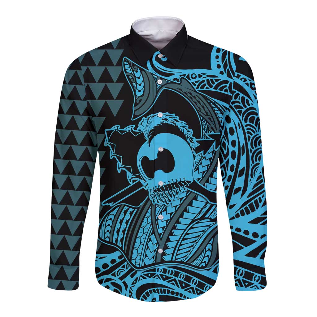 Koa Ikaika Warrior Helmet with Shark Long Sleeve Button Shirt Blue Kakau Style LT9 Unisex Blue - Polynesian Pride