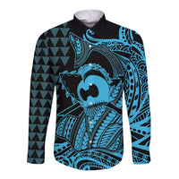 Koa Ikaika Warrior Helmet with Shark Long Sleeve Button Shirt Blue Kakau Style LT9 Unisex Blue - Polynesian Pride