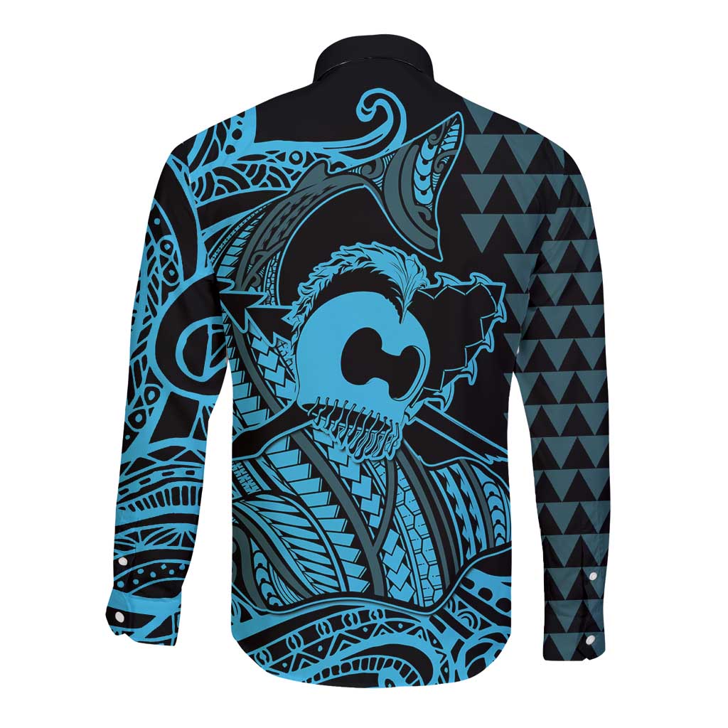 Koa Ikaika Warrior Helmet with Shark Long Sleeve Button Shirt Blue Kakau Style LT9 - Polynesian Pride