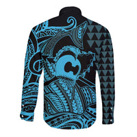 Koa Ikaika Warrior Helmet with Shark Long Sleeve Button Shirt Blue Kakau Style LT9 - Polynesian Pride