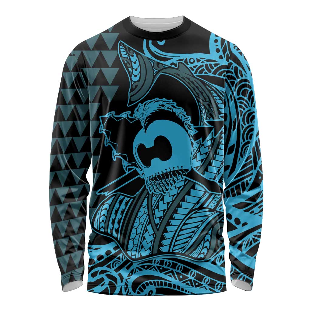 Koa Ikaika Warrior Helmet with Shark Long Sleeve Shirt Blue Kakau Style LT9 Unisex Blue - Polynesian Pride