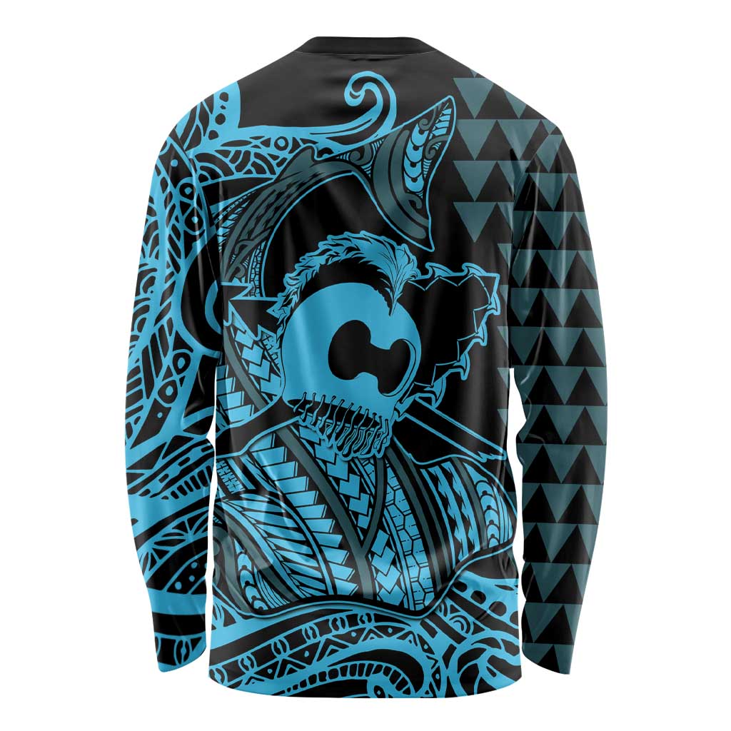 Koa Ikaika Warrior Helmet with Shark Long Sleeve Shirt Blue Kakau Style LT9 - Polynesian Pride