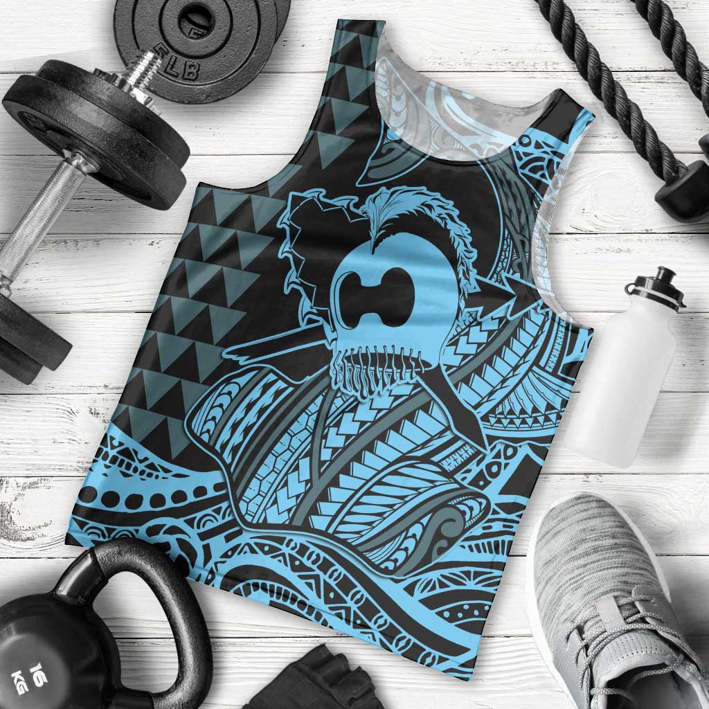 Koa Ikaika Warrior Helmet with Shark Men Tank Top Blue Kakau Style LT9 - Polynesian Pride