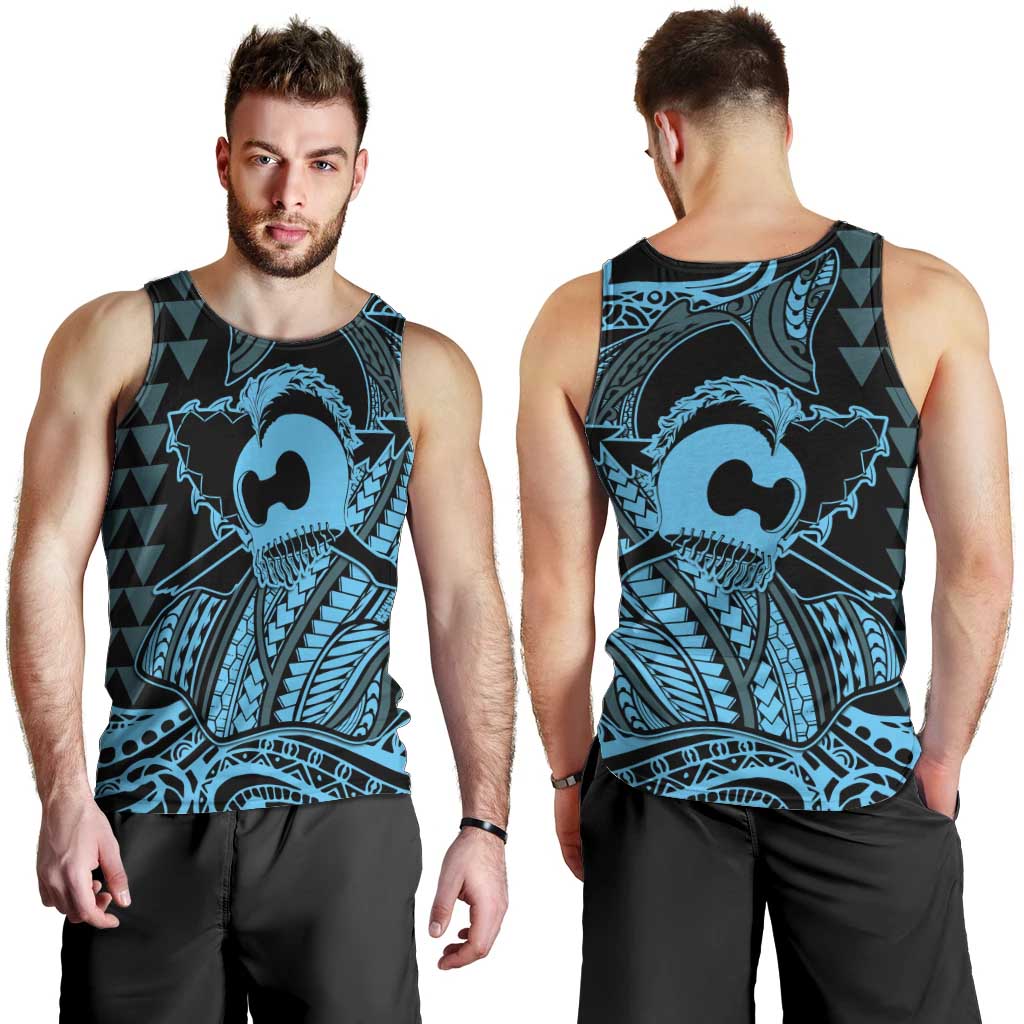 Koa Ikaika Warrior Helmet with Shark Men Tank Top Blue Kakau Style LT9 - Polynesian Pride