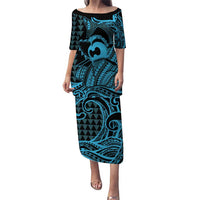 Koa Ikaika Warrior Helmet with Shark Puletasi Blue Kakau Style LT9 Long Dress Blue - Polynesian Pride