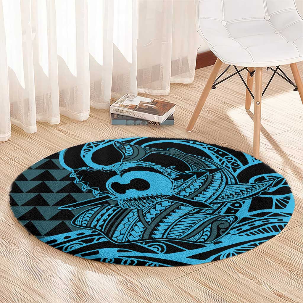 Koa Ikaika Warrior Helmet with Shark Round Carpet Blue Kakau Style LT9 - Polynesian Pride