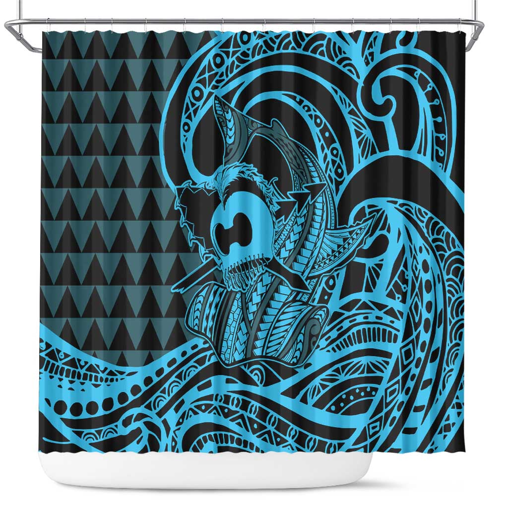 Koa Ikaika Warrior Helmet with Shark Shower Curtain Blue Kakau Style LT9 Blue - Polynesian Pride