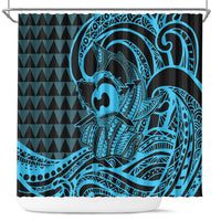 Koa Ikaika Warrior Helmet with Shark Shower Curtain Blue Kakau Style LT9 Blue - Polynesian Pride