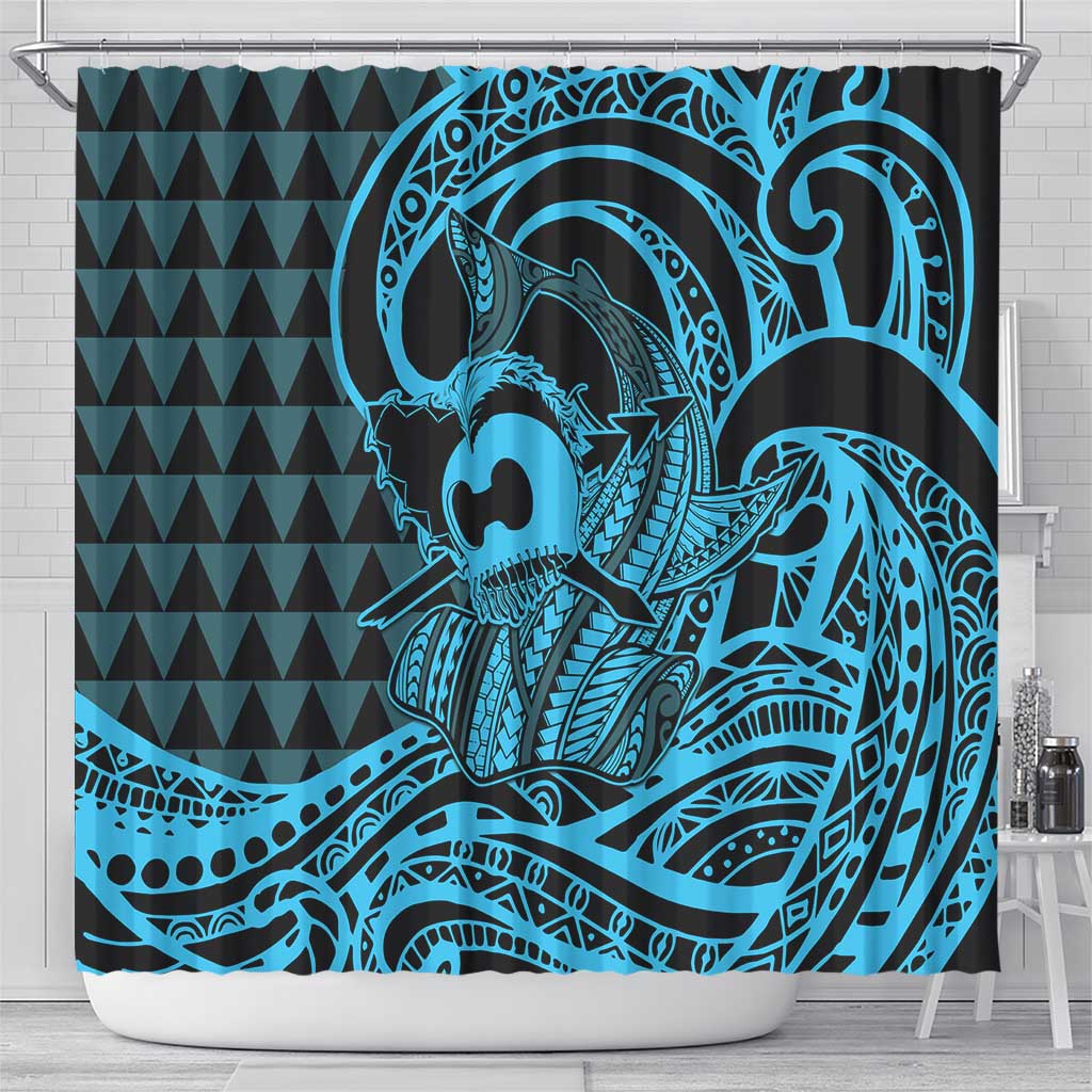 Koa Ikaika Warrior Helmet with Shark Shower Curtain Blue Kakau Style LT9 - Polynesian Pride