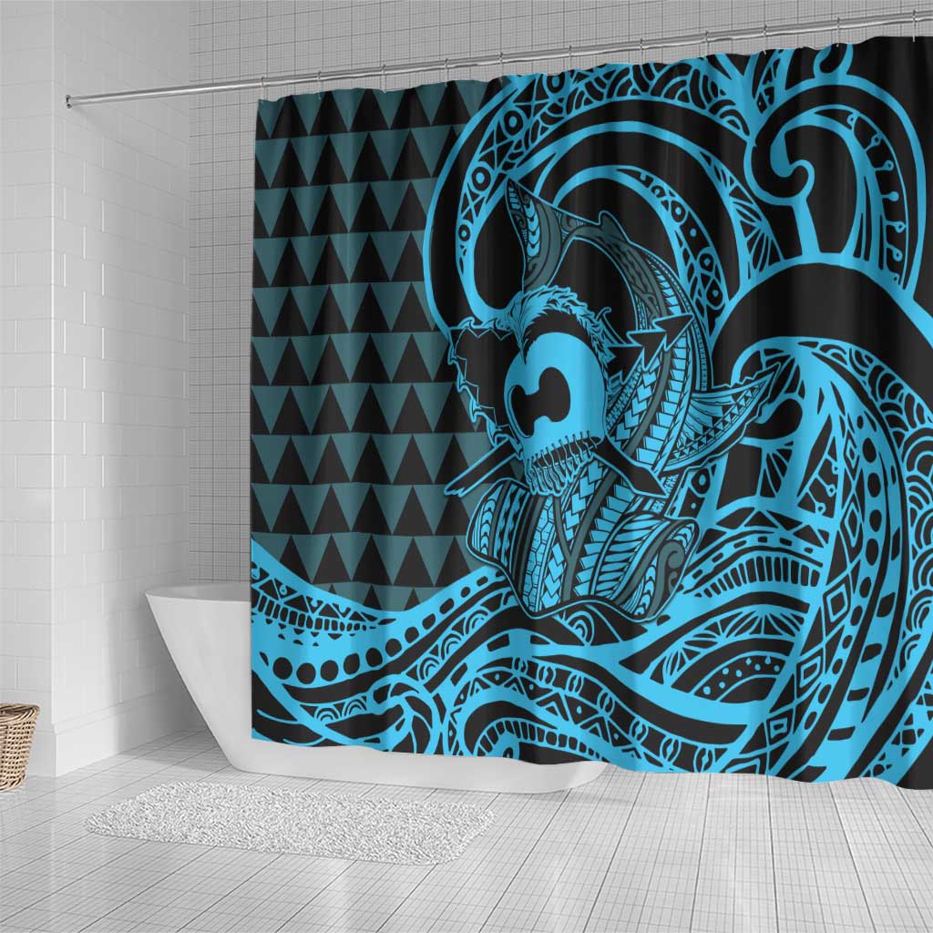 Koa Ikaika Warrior Helmet with Shark Shower Curtain Blue Kakau Style LT9 - Polynesian Pride
