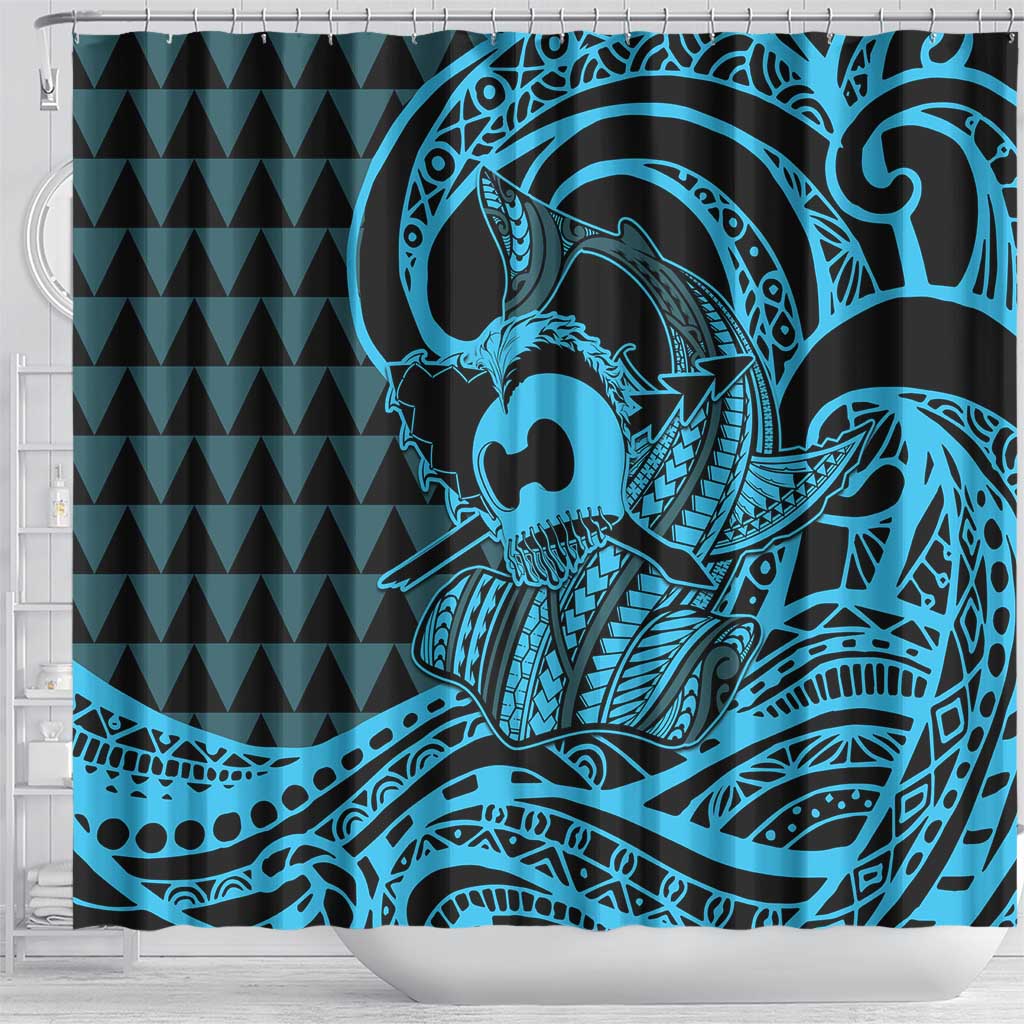 Koa Ikaika Warrior Helmet with Shark Shower Curtain Blue Kakau Style LT9 - Polynesian Pride