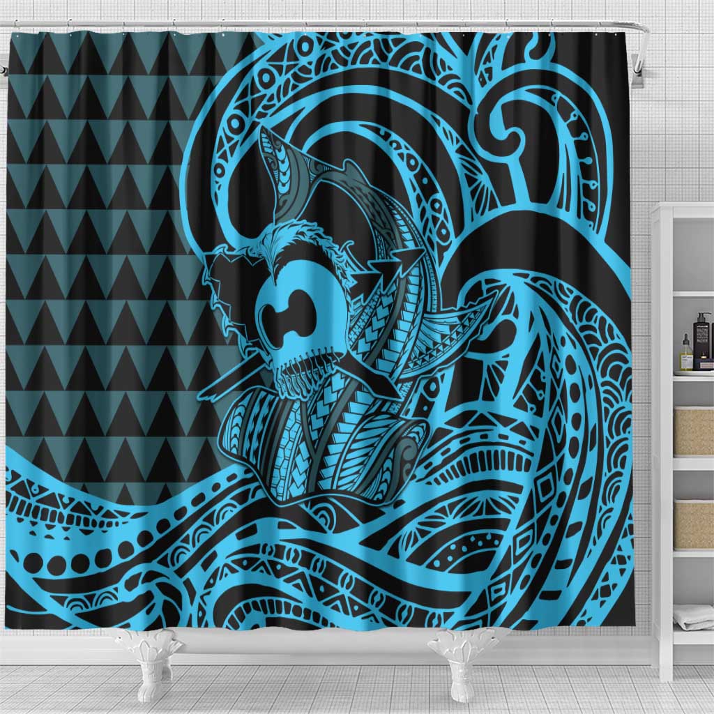 Koa Ikaika Warrior Helmet with Shark Shower Curtain Blue Kakau Style LT9 - Polynesian Pride