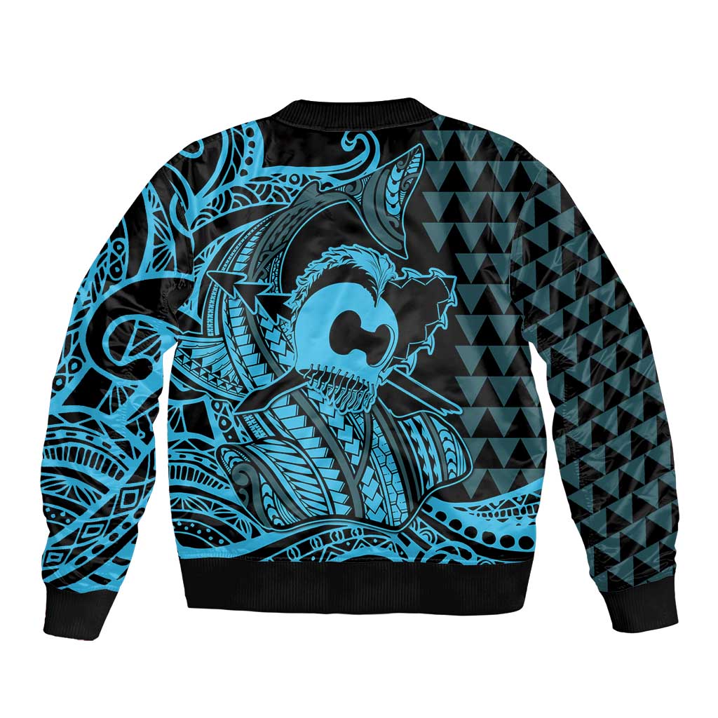 Koa Ikaika Warrior Helmet with Shark Sleeve Zip Bomber Jacket Blue Kakau Style LT9 - Polynesian Pride