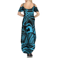 Koa Ikaika Warrior Helmet with Shark Summer Maxi Dress Blue Kakau Style LT9 - Polynesian Pride