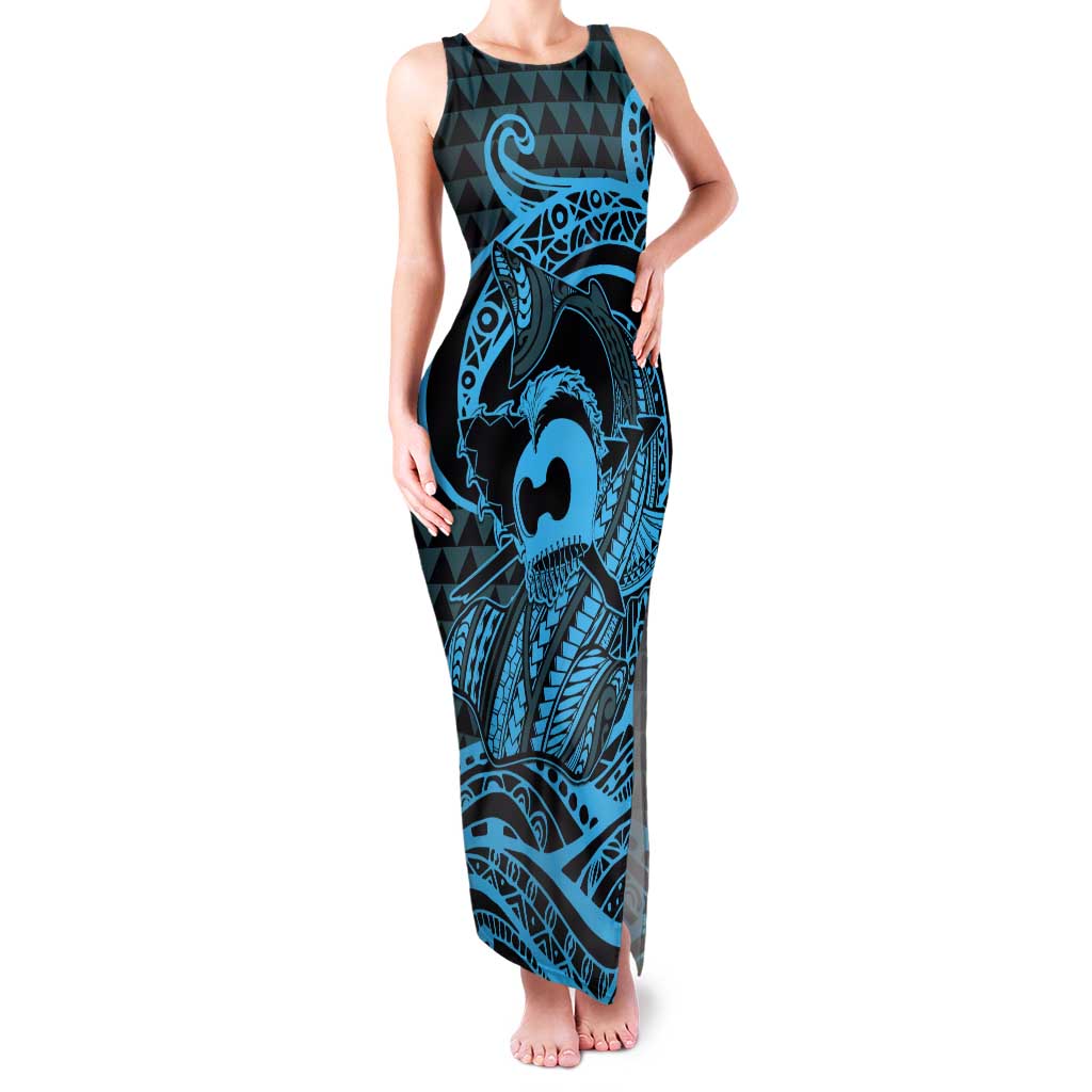 Koa Ikaika Warrior Helmet with Shark Tank Maxi Dress Blue Kakau Style