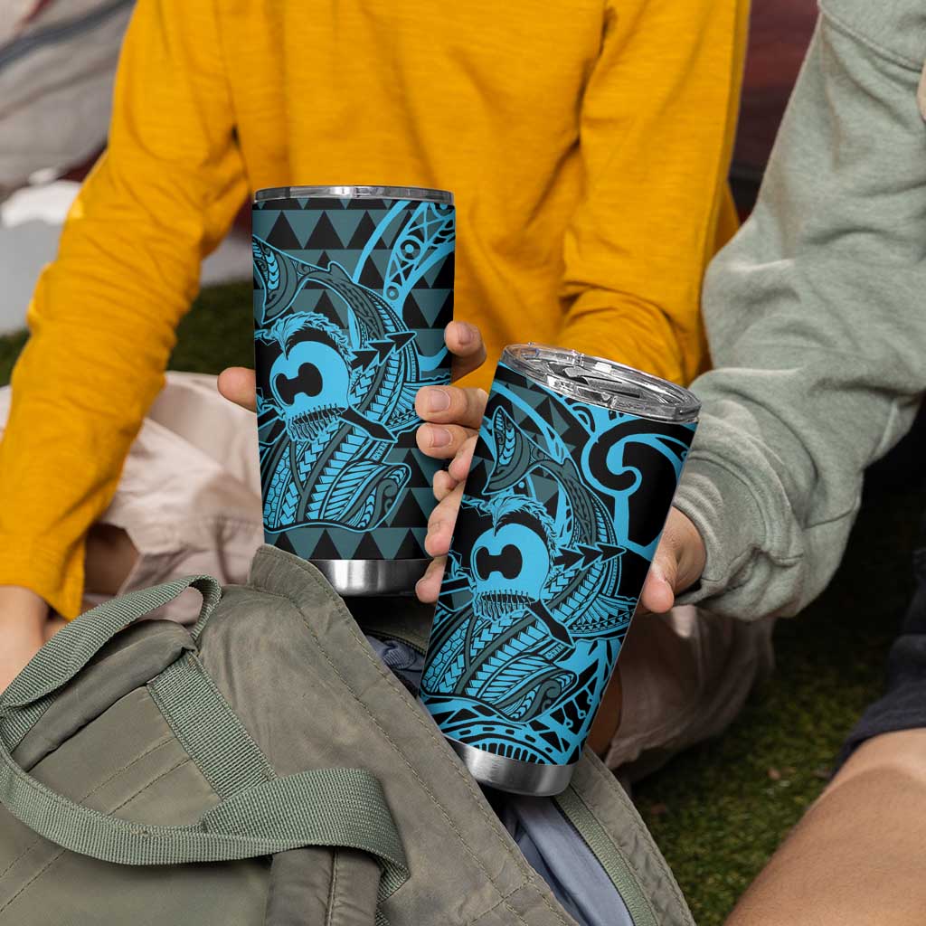 Koa Ikaika Warrior Helmet with Shark Tumbler Cup Blue Kakau Style LT9 - Polynesian Pride