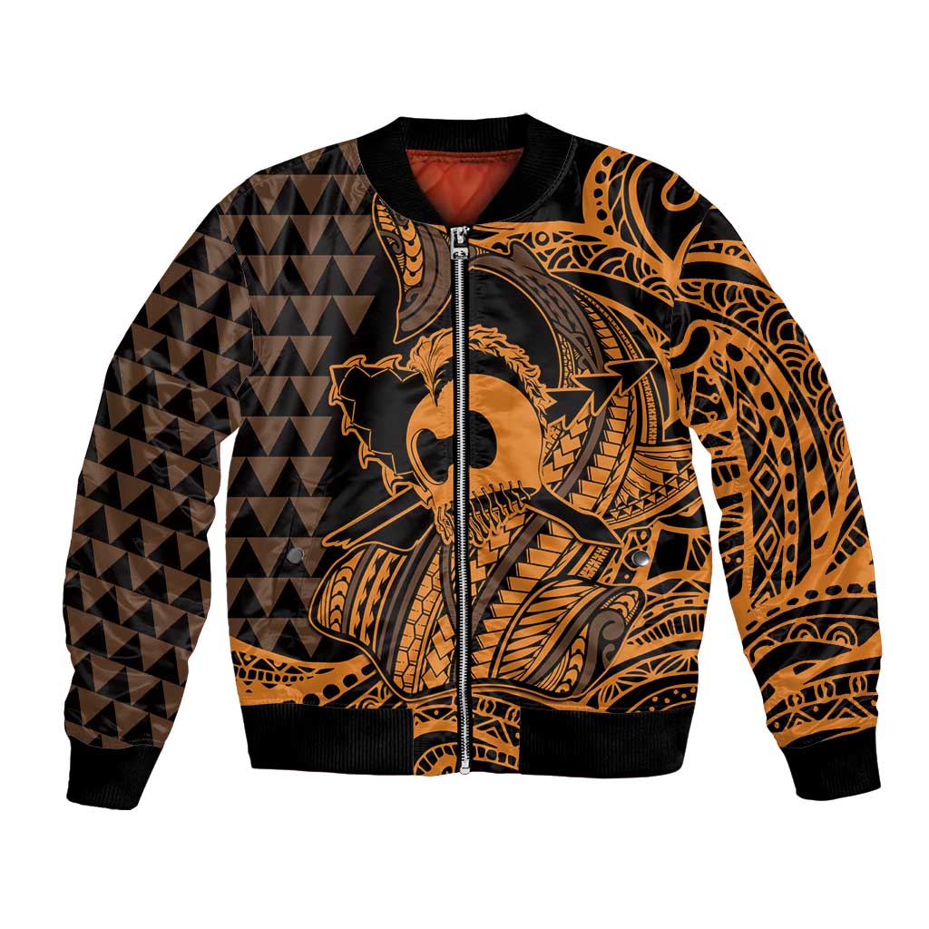 Koa Ikaika Warrior Helmet with Shark Bomber Jacket Gold Kakau Style LT9 Unisex Gold - Polynesian Pride