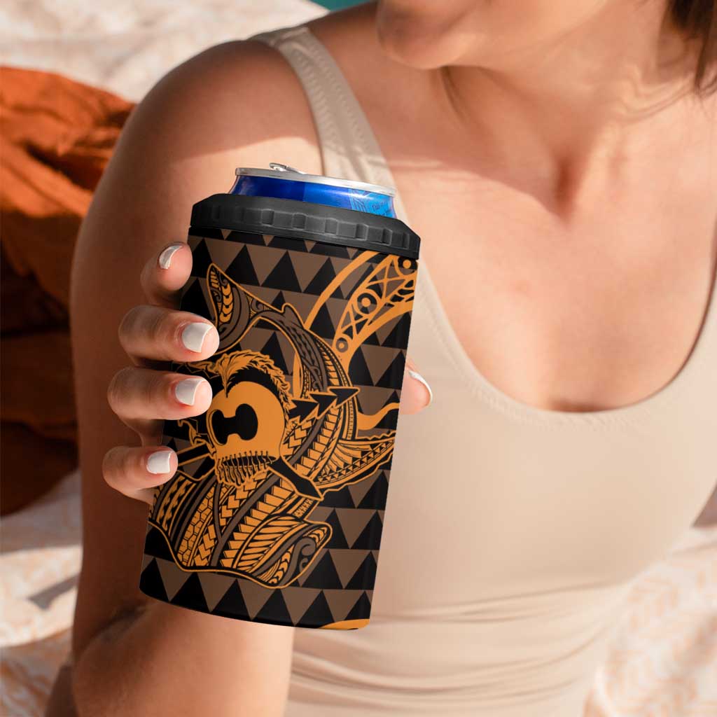 Koa Ikaika Warrior Helmet with Shark 4 in 1 Can Cooler Tumbler Gold Kakau Style LT9 - Polynesian Pride