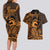 Koa Ikaika Warrior Helmet with Shark Couples Matching Long Sleeve Bodycon Dress and Hawaiian Shirt Gold Kakau Style