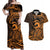 Koa Ikaika Warrior Helmet with Shark Couples Matching Off Shoulder Maxi Dress and Hawaiian Shirt Gold Kakau Style