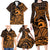 Koa Ikaika Warrior Helmet with Shark Family Matching Long Sleeve Bodycon Dress and Hawaiian Shirt Gold Kakau Style