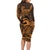 Koa Ikaika Warrior Helmet with Shark Family Matching Long Sleeve Bodycon Dress and Hawaiian Shirt Gold Kakau Style