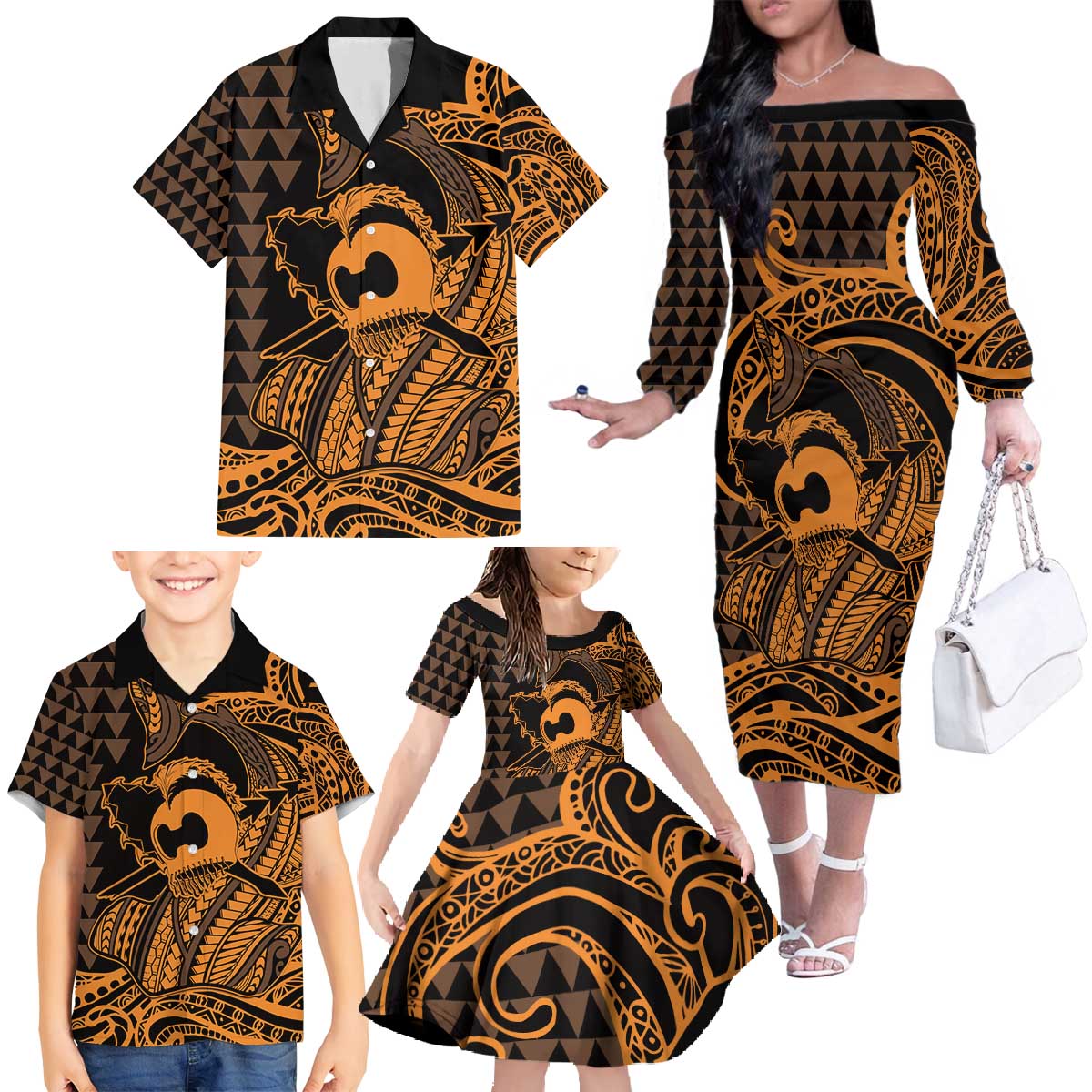 Koa Ikaika Warrior Helmet with Shark Family Matching Off The Shoulder Long Sleeve Dress and Hawaiian Shirt Gold Kakau Style