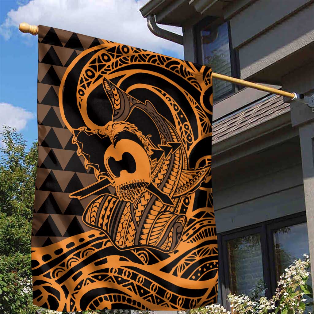 Koa Ikaika Warrior Helmet with Shark Garden Flag Gold Kakau Style LT9 - Polynesian Pride
