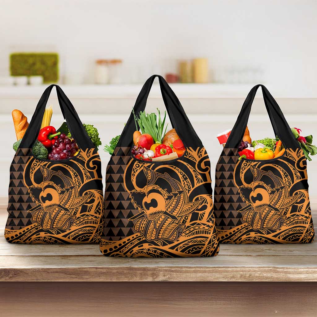 Koa Ikaika Warrior Helmet with Shark Grocery Bag Gold Kakau Style LT9 3-pack One Size Gold - Polynesian Pride