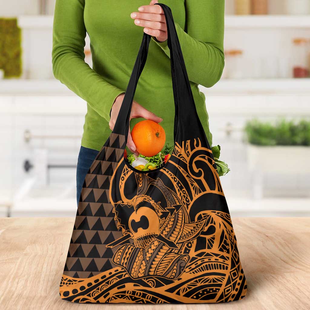 Koa Ikaika Warrior Helmet with Shark Grocery Bag Gold Kakau Style LT9 - Polynesian Pride