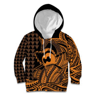 Koa Ikaika Warrior Helmet with Shark Kid Hoodie Gold Kakau Style LT9 Hoodie Gold - Polynesian Pride