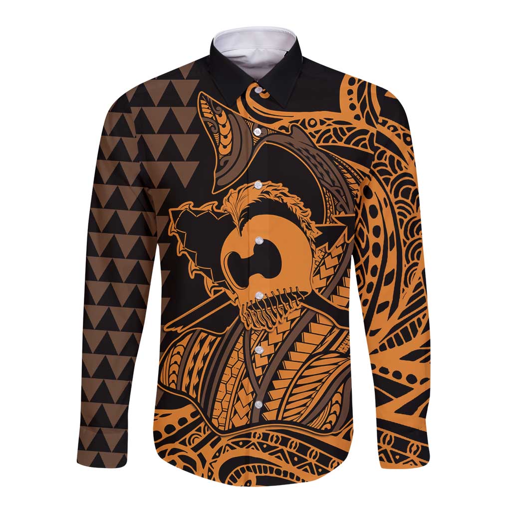 Koa Ikaika Warrior Helmet with Shark Long Sleeve Button Shirt Gold Kakau Style LT9 Unisex Gold - Polynesian Pride