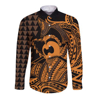 Koa Ikaika Warrior Helmet with Shark Long Sleeve Button Shirt Gold Kakau Style LT9 Unisex Gold - Polynesian Pride
