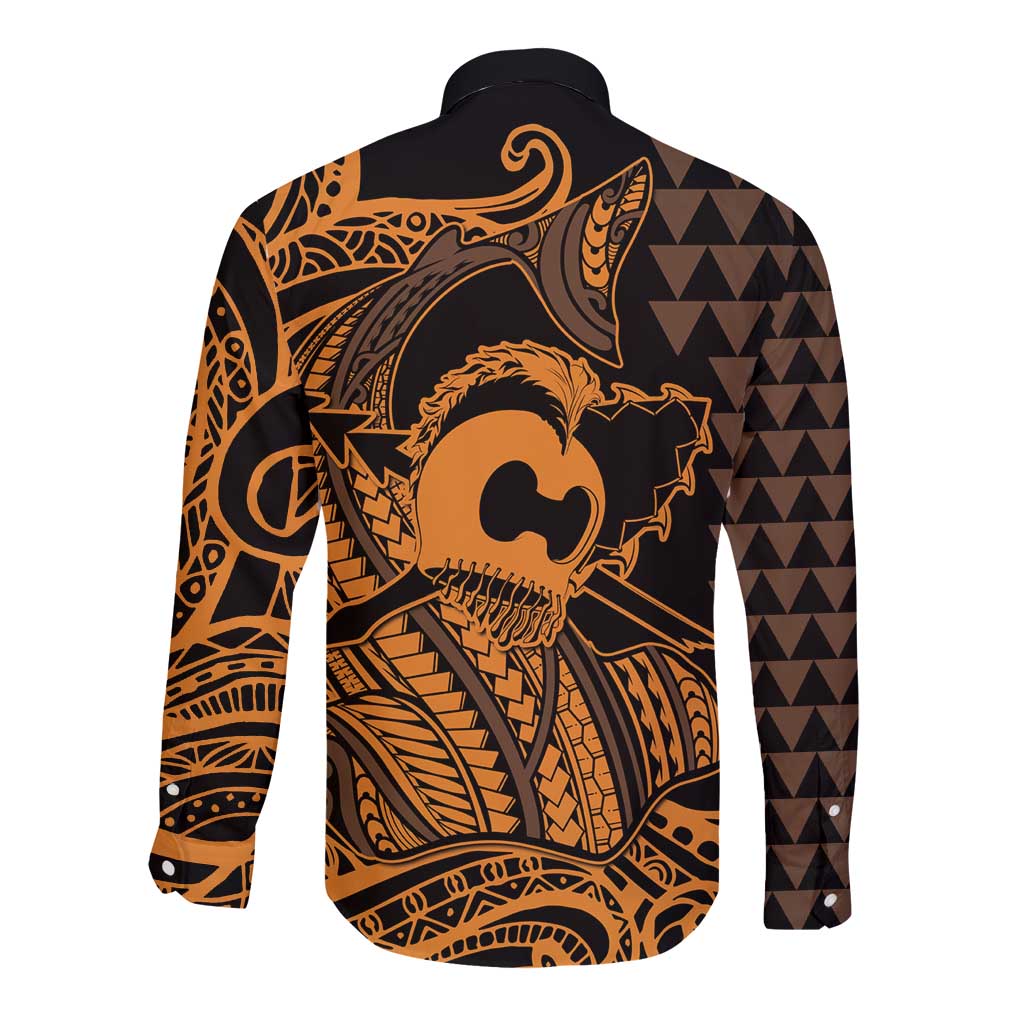 Koa Ikaika Warrior Helmet with Shark Long Sleeve Button Shirt Gold Kakau Style LT9 - Polynesian Pride