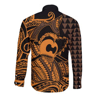Koa Ikaika Warrior Helmet with Shark Long Sleeve Button Shirt Gold Kakau Style LT9 - Polynesian Pride
