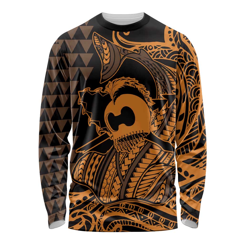 Koa Ikaika Warrior Helmet with Shark Long Sleeve Shirt Gold Kakau Style LT9 Unisex Gold - Polynesian Pride