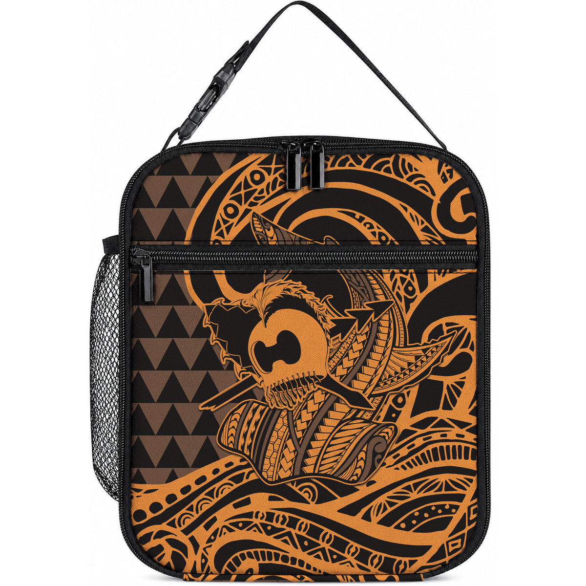 Koa Ikaika Warrior Helmet with Shark Lunch Bag Gold Kakau Style LT9 10.2 × 8.3 × 4.3 inch Gold - Polynesian Pride
