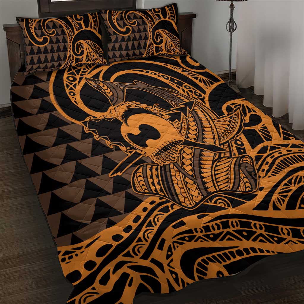 Koa Ikaika Warrior Helmet with Shark Quilt Bed Set Gold Kakau Style LT9 Gold - Polynesian Pride