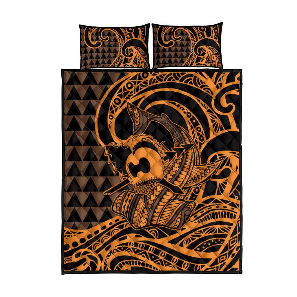 Koa Ikaika Warrior Helmet with Shark Quilt Bed Set Gold Kakau Style LT9 - Polynesian Pride