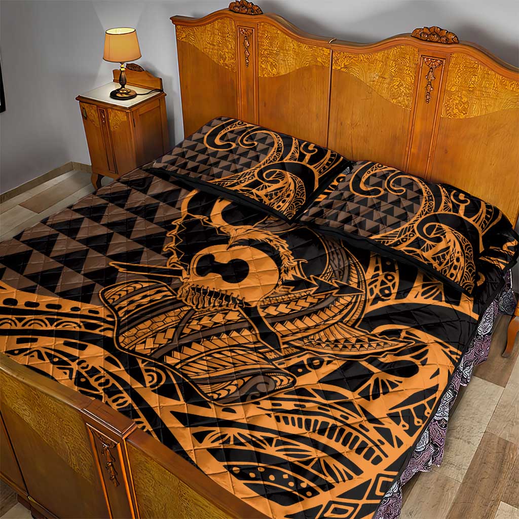 Koa Ikaika Warrior Helmet with Shark Quilt Bed Set Gold Kakau Style LT9 - Polynesian Pride