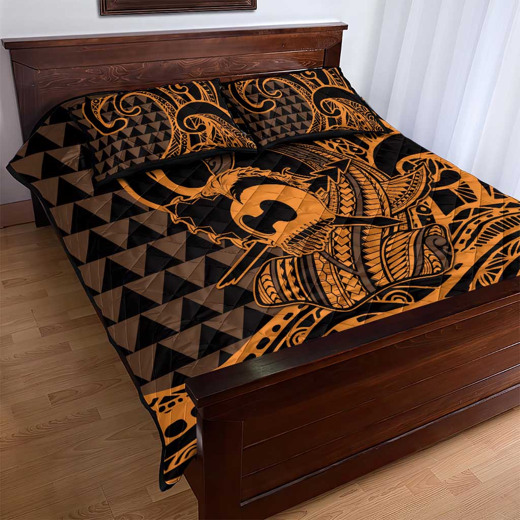 Koa Ikaika Warrior Helmet with Shark Quilt Bed Set Gold Kakau Style LT9 - Polynesian Pride