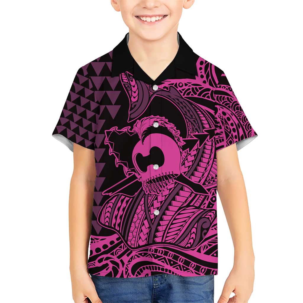 Koa Ikaika Warrior Helmet with Shark Kid Hawaiian Shirt Pink Kakau Style LT9 Kid Pink - Polynesian Pride