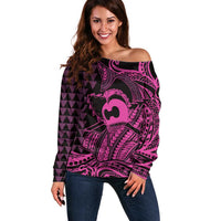 Koa Ikaika Warrior Helmet with Shark Off Shoulder Sweater Pink Kakau Style LT9 Women Pink - Polynesian Pride