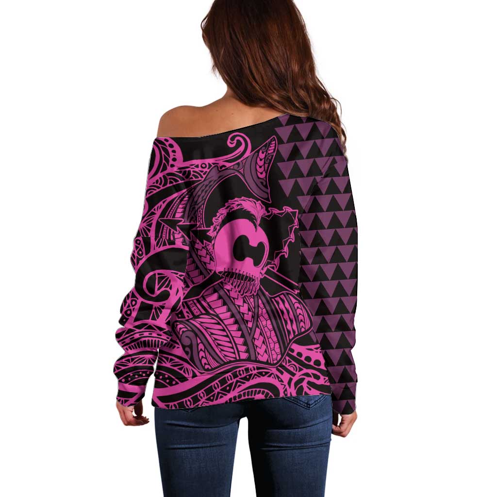 Koa Ikaika Warrior Helmet with Shark Off Shoulder Sweater Pink Kakau Style LT9 - Polynesian Pride