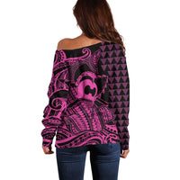 Koa Ikaika Warrior Helmet with Shark Off Shoulder Sweater Pink Kakau Style LT9 - Polynesian Pride