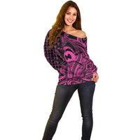 Koa Ikaika Warrior Helmet with Shark Off Shoulder Sweater Pink Kakau Style LT9 - Polynesian Pride
