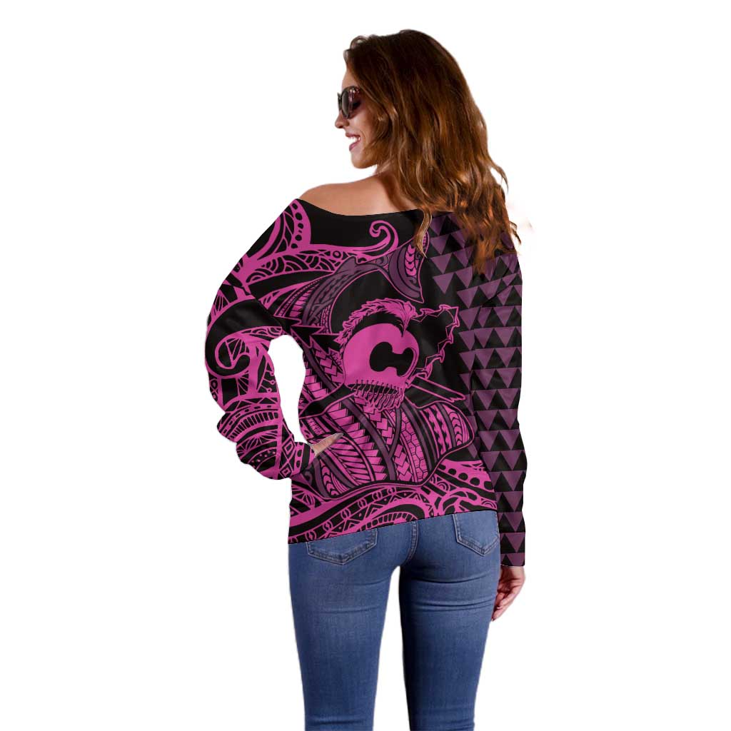 Koa Ikaika Warrior Helmet with Shark Off Shoulder Sweater Pink Kakau Style LT9 - Polynesian Pride
