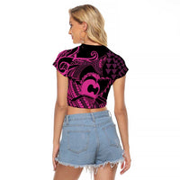 Koa Ikaika Warrior Helmet with Shark Raglan Cropped T Shirt Pink Kakau Style LT9 - Polynesian Pride