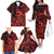 Koa Ikaika Warrior Helmet with Shark Family Matching Off The Shoulder Long Sleeve Dress and Hawaiian Shirt Red Kakau Style