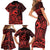 Koa Ikaika Warrior Helmet with Shark Family Matching Short Sleeve Bodycon Dress and Hawaiian Shirt Red Kakau Style